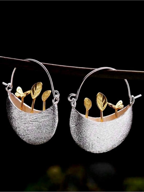 Jewelry - “Sprouts in a Basket” Seedling Butterfly Planter Botany Whimsy Two Tone 3D Hoops
